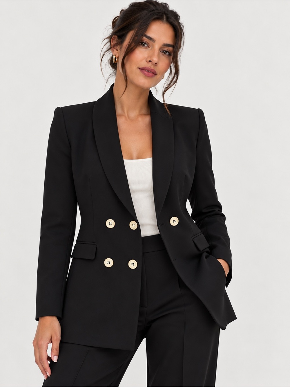ZARA Black Longline Double Breasted Gold Button Blazer Large